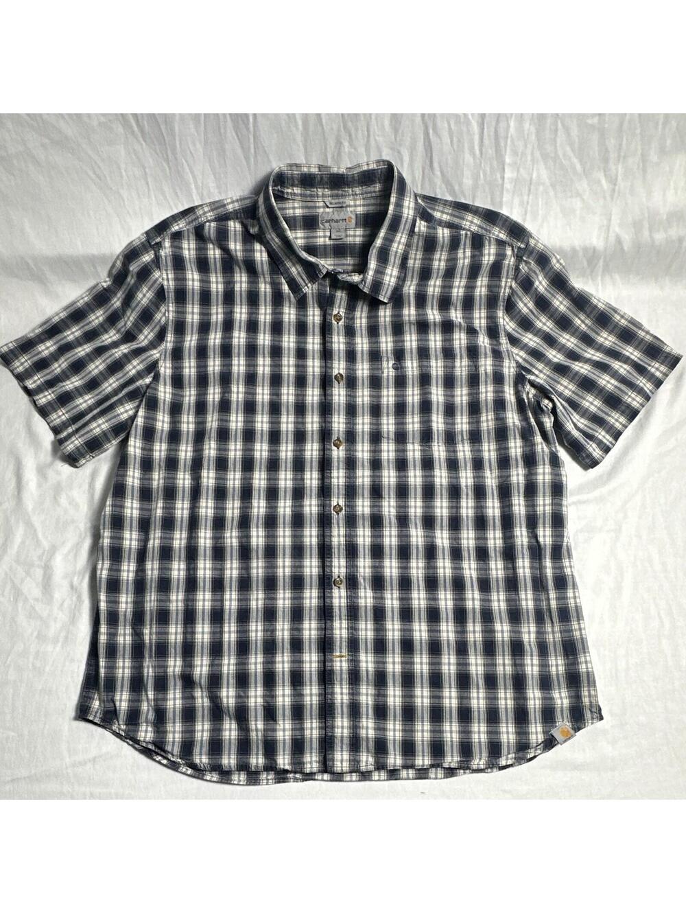 0001 Carhartt Men’s Relaxed Fit Blue/White Plaid SS Button-Up Shirt Pockets 2XL